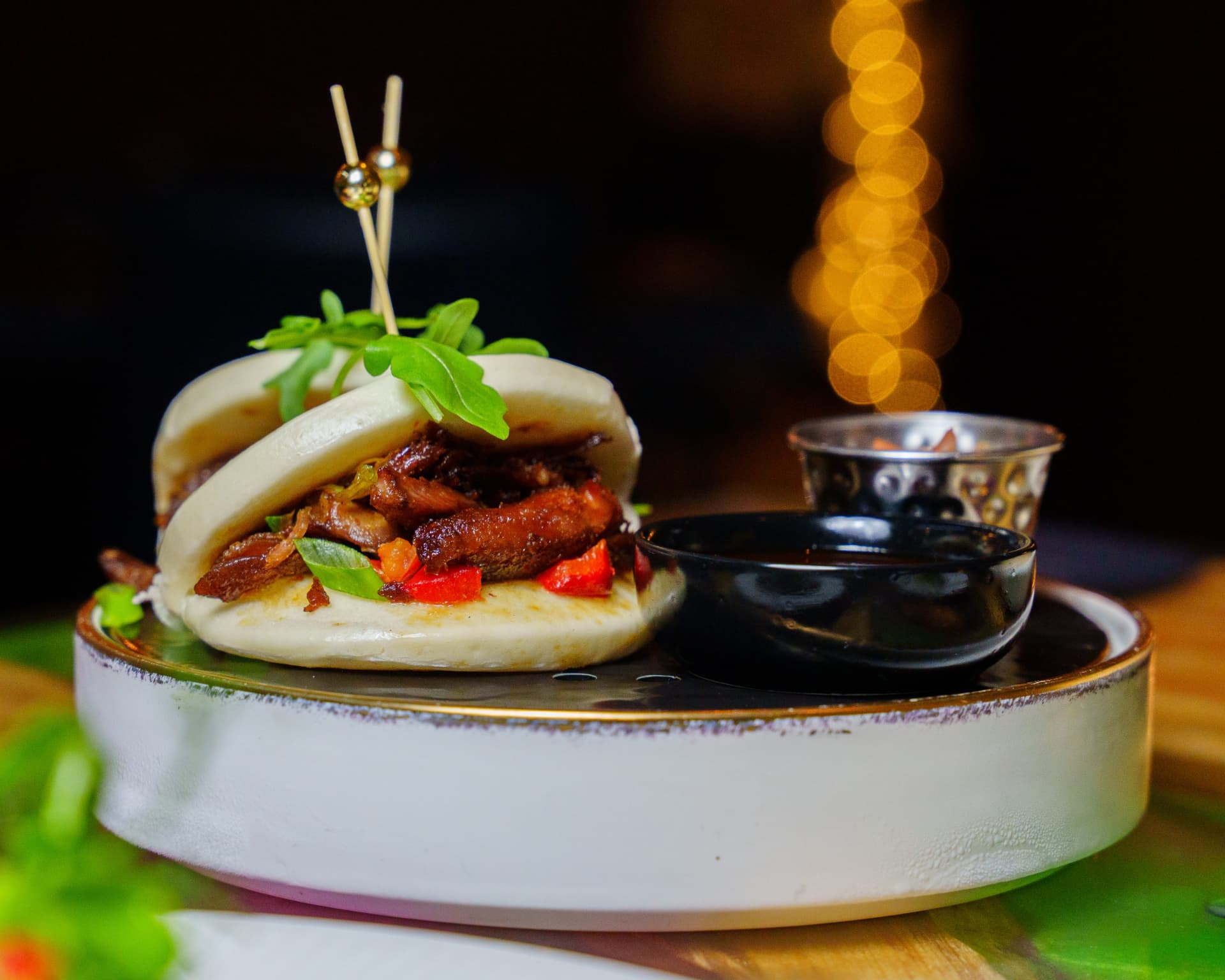 Bang bang chicken bao bun with dipping sauces